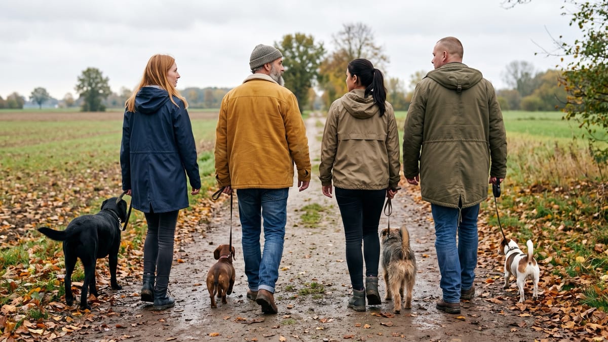 Gruppe von Hundehaltern geht mit angeleinten Hunden gemeinsam einen Feldweg entlang