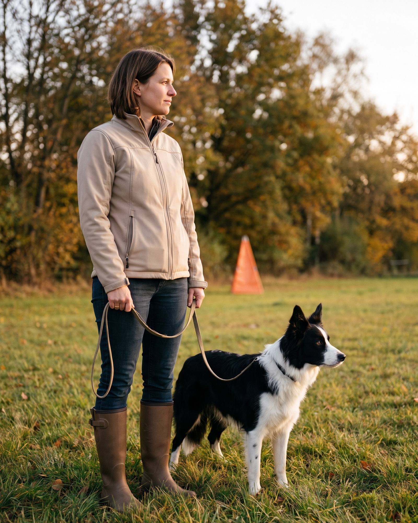 Sandra Brandl mit lockerer Leine und aufmerksamem Hund auf einer Wiese in Olching