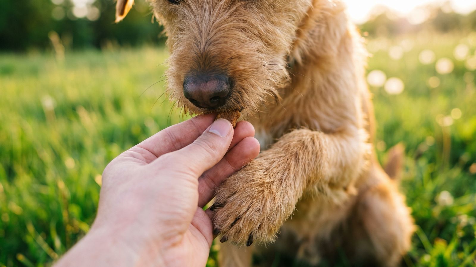 Hand reicht einem sitzenden Hund ein Leckerli als Belohnung während des Trainings