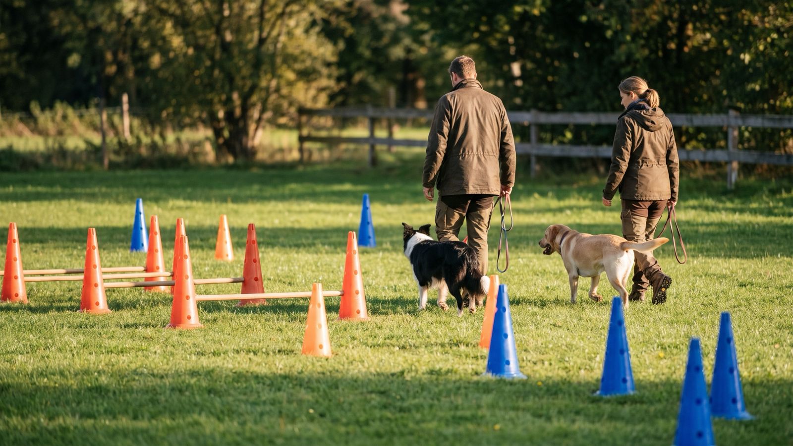 Trainingswiese mit Pylonen, im Hintergrund zwei Hundehalter im Grundgehorsam-Training