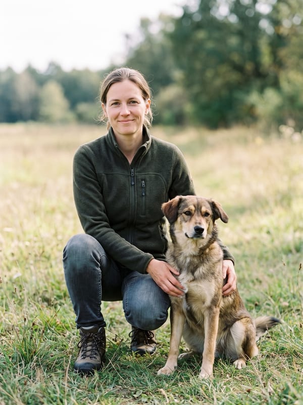 Sandra Brandl kniet neben einem Hund auf der Trainingswiese